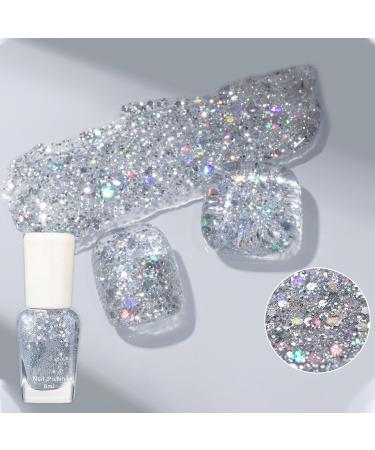 Glitter Nail Polish Shimmering Gel Silvery Shimmer Quick Dry Holographic Nail Varnish Galactic Silver Shining Sparkling Long Lasting No UV Need DIY Nail Art Manicure at Home Gift for Women - Buy Online on GoSupps.com