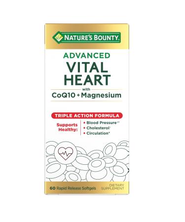 Nature s Bounty Advanced Vital Heart with CoQ10 + Magnesium Antioxidant Supports Healthy Blood Pressure Cholesterol Circulation Triple Action Formula CoQ10 Magnesium Supplement 60 Softgels 60 Count (Pack of 1)