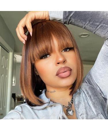 EROYUSA Short Highlight Brown Bob Wig Synthetic Bob With Bangs For Black Women Full Head Hair Natural Looking Heat Resistant Wigs for Party Daily Wear 12inches
