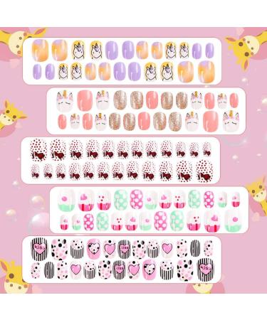 DouborQ 120 pcs 5 Pack Little Girls Pre-glue Press on Nail Tips - Cute Cartoon Design Fake Nails for Kids Gift - Buy Online on GoSupps.com