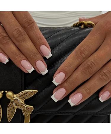 JUSTOTRY 24 Pcs Square Short False Nails Beige White French Press on Nails Pattern Pretty Pink Fake Nails Short with Nail Glue Stick on Nails for Women Squoval Nails Fake Nail for Nails Art beige& square3