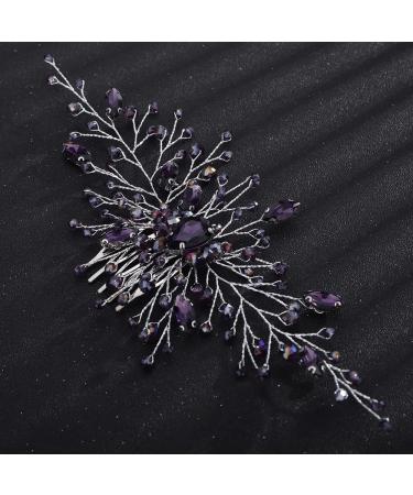 Teyglen Bridal Wedding Purple Dainty Hair Combs Purple Rhinestones Crystal Side Hair Comb Flower Crystal Bride Hair Accessories for Women and Girls (Silver Purple)