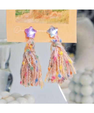 Feyley Star Shape Earrings | Pink Green Wool Thread Quasten Ohrrings | Colorful Ear Drops for Women - Buy Online on GoSupps.com
