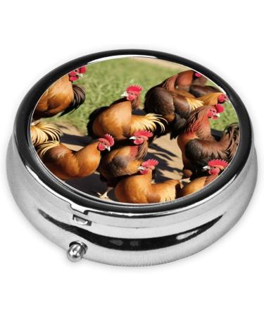 Farm Rooster Pattern Mini Round Pill Box | 3 Compartment Travel Pill Organizer | Portable Case for Home & Office - Buy Online on GoSupps.com