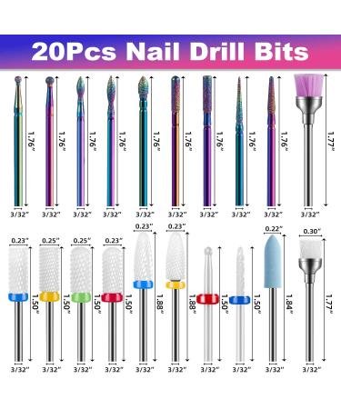 20Pcs Professional Diamond Carbide and Ceramic Nail Drill Bits Set for Acrylic Gel Nails - 3/32 Inch Nail Drill Bits for E-File - Home Salon Essential - Buy Online on GoSupps.com
