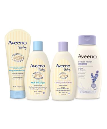 Aveeno Baby Mommy & Me Daily Bathtime Gift Set including Baby Wash & Shampoo, Calming Baby Bath & Wash, Baby Moisturizing Lotion & Stress Relief Body Wash for Mom, Soap-Free, 4 items