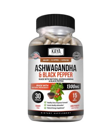 Kaya Naturals Ashwagandha Root with Black Pepper | Maximum Strength 1300mg Adaptogen Supplement Support Adrenal Glandular Health Mood Relief Focus Energy & Vitality for Men & Women 30 Count (Pack of 1)