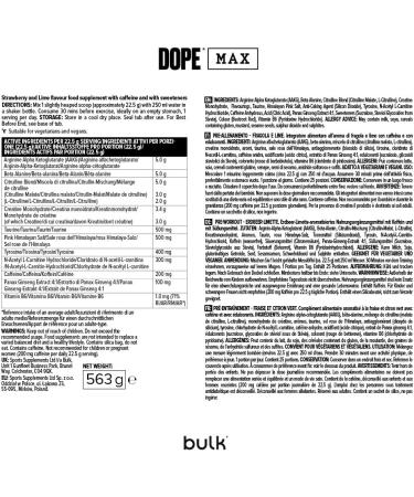 Bulk Dope Max Poudre Pr -Entra nement | 563 g | 25 portions | Haute Teneur en Caf ine 200mg | 5g B ta-Alanine | 3g Cr atine | M lange AAKG & Citrulline | Vitamine B6 | Strawberry Lime Fraise & Cirton Vert - Buy Online on GoSupps.com
