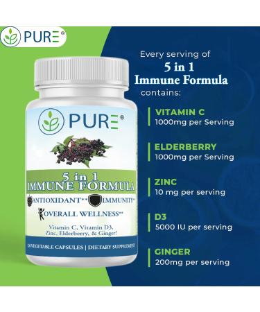 PURE 5 in 1 Immune Formula Premium Wellness Supplement Vitamin C D3 Zinc Elderberry Ginger 120 Capsules 60 Day Supply - Buy Online on GoSupps.com