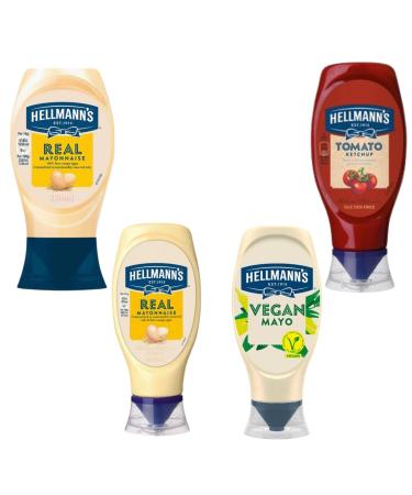 Hellmanns Mayonnaise and Squeezy Pick N Mix - Choose From 4 Flavours | Real Squeezy-Mayonnaise Tomato Ketchup Vegan-Mayo Squeezy - Pack of 4