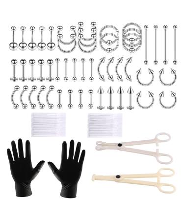 64pcs Piercing Kit Belly Button Piercing Kit Septum Piercing Kit Belly Piercing Kit Piercing Kits for all piercings (64PCS Stainless Steel)