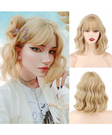WERD Short Blonde Wig with Bangs,Wavy Bob Blonde Wig for Women,Blonde Short Curly Wig for Cosplay and Party