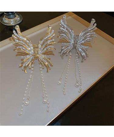 2PCS Butterfly Rhinestone Pearl Hair Claw Clips - Chinese Style Hanfu Hair Accessories for Women - Buy Online on GoSupps.com