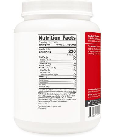 Ketologic Keto Meal Replacement Shake Powder for Optimal Results + MCT Oil + Grass-Fed Whey - Perfectly Formulated Macros for Ketosis - 20 Servings - Vanilla - Buy Online on GoSupps.com