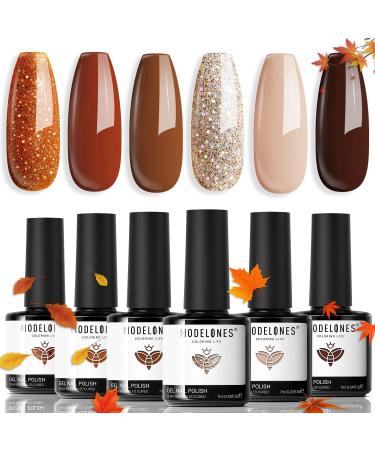 Modelones Gel Nail Polish 6 Colors Nuetral Nude Brown Gel Polish Fall Colors Gold Glitter Nail Gel Polish Set Soak OFF U V Nail Art Gel Kit Manicure Salon DIY Nails Gift Brown Nude