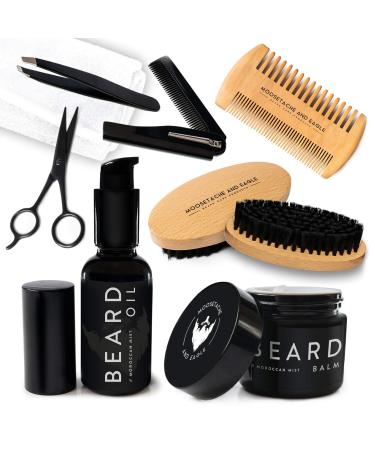 Upgraded Moosetache And Eagle 8 in 1 Mens Beard Grooming Kit for Men - 100% Vegan 0% Alcohol Luxury Beard Kit for Men - Beard Oil and Balm Set Beard Brush and Comb Set Scissors Tweezers & Towel