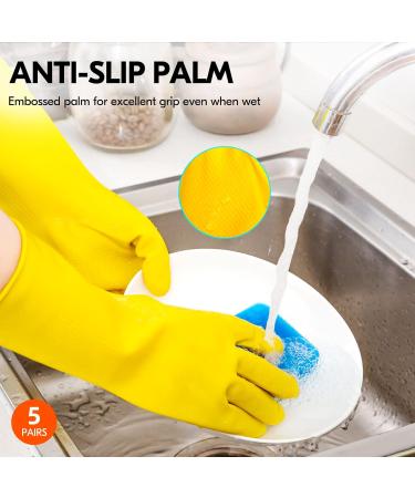 VGO 5 Pairs Reusable Yellow Rubber Cleaning Gloves - Extra Thick Long Sleeve for Kitchen Dishwashing Gardening & Painting - HH4601 - Buy Online on GoSupps.com