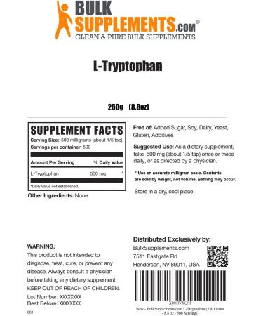 BulkSupplements.com L-Tryptophan Powder - Serotonin Supplement - Sleep Supplement - Sleep Aid Natural - L Tryptophan 500mg (250 Grams - 8.8 oz) 8.8 Ounce (Pack of 1) - Buy Online on GoSupps.com