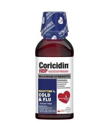 Coricidin HBP Maximum Strength Cold & Flu Night Sugar Free Liquid 12 Fl Oz