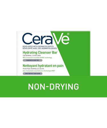 CeraVe Hydrating Cleansing Bar Soap-Free Body and Face Cleanser Bar with Hyaluronic Acid and Ceramides Fragrance Free & Non-Irritating 128 Grams - Buy Online on GoSupps.com