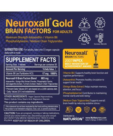Neuroxall Gold Brain Factors for Adults - Cognitive & Mental Wellness Support with Vitamin B6 Astaxanthin Ginkgo Biloba Ashwagandha & Turmeric & - 30 Vegan Capsules 30 Day Supply 30 Count (Pack of 1) - Buy Online on GoSupps.com