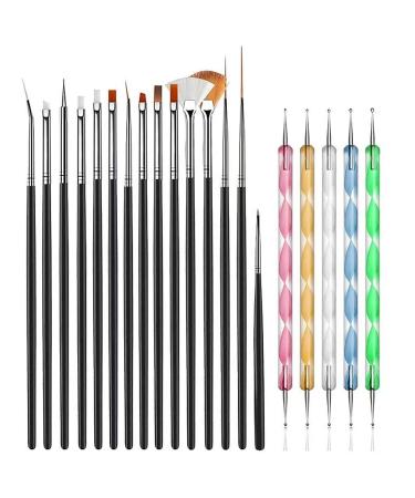 JOYJULY 20pcs Nail Art Design Tools, 15pcs Painting Brushes Set with 5pcs Dotting Pens, BLACK  Black Brushes with Dotting Pens