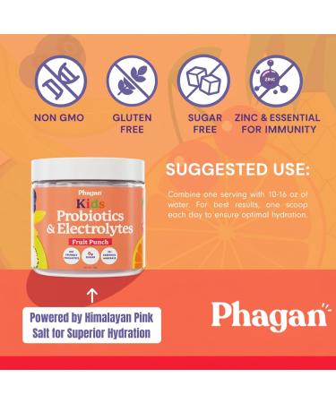 Phagan Kids Electrolyte + Probiotic Powder - Dual-Action Hydration & Immune Support with Zinc - Zero Sugar, Plant-Based Formula for Toddlers & Active Children - Fruit Punch, 30 Servings - Buy Online on GoSupps.com