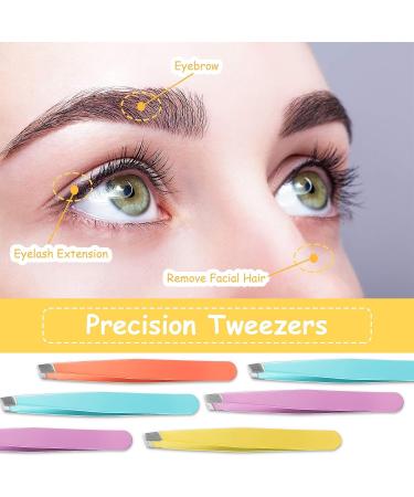 16 Pc Stainless Steel Slanted Tweezers Set for Eyebrows & Ingrown Hair - Orange, Purple, Blue, Yellow - Buy Online on GoSupps.com