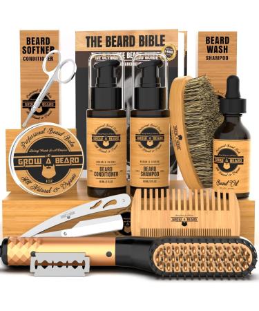 Beard Straightener Grooming Kit for Men, Beard Growth Oil, Sandalwood Balm, Beard Wash, Beard Brush & Comb, Beard Conditioner, Beard Razor and Scissors, & Beard E-Book, Great Gift Idea for Men's Bamboo