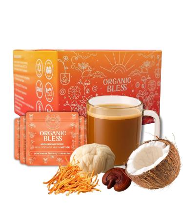 Organic Bless Instant Mushroom Coffee Powder Organic Lion s Mane Reishi & Cordyceps Blend for Energy Focus & Clarity Adaptogenic Coffee with Coconut Milk & MCT Oil (10-Serving Sachets) 7.05 Ounce (Pack of 1)