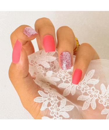 Sethexy Pink Square Fake Nails | Matte Acrylic Press-On Nail Tips for Women & Girls - 24pcs - Buy Online on GoSupps.com