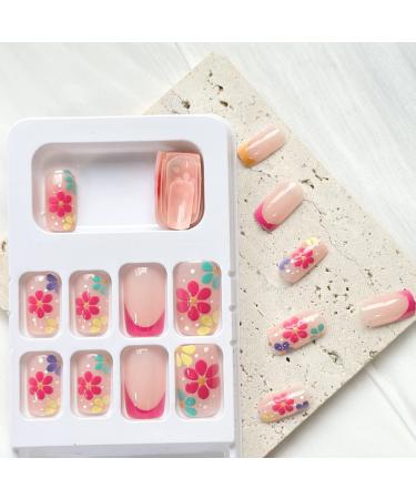 Colorful Flower French Tip Short Square False Nails - Pink Acrylic Full Cover Coffin Nails for Women & Girls | Spring Summer Nail Art Decor - Buy Online on GoSupps.com