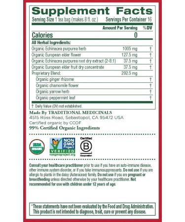Traditional Medicinals - Organic Echinacea Plus Elderberry Herbal Tea (Pack of 6) - Help Fight off Respiratory Tract Infections - 96 Tea Bags Total Echinacea Plus Elderberry 16 count (Pack of 6) - Buy Online on GoSupps.com