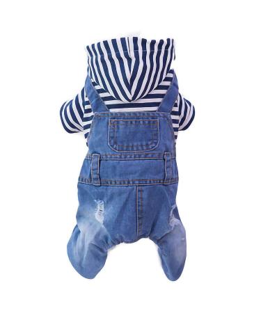 Pet Denim Stripe Jumpsuit Dog Clothes Adorable Puppy Jeans Pet Coat for Small Medium Dog Apparels Dog Hoodies Coat Machine Washable (S Weight (34lb) | Chest (12"), Blue-1) S Weight (34lb) | Chest (12") Blue-1