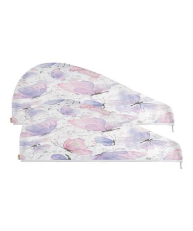 Butterflies Dry Hair Cap 2 Piece Quick Drying Towel Set with Button Headband Super Absorbent Soft & Comfortable