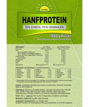 Hemp Protein 1000g - 50% Protein 18 Amino Acids Vegan Additive-Free - Premium Quality from German Agriculture | Bonemis  - Buy Online on GoSupps.com