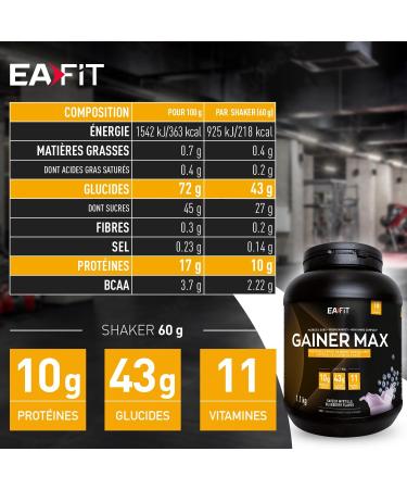 EAFIT GAINER MAX 1.1 kg - Blueberry - Bodybuilding Protein - Whey + Egg - Muscle Gain - Calorie Intake - Mineral Vitamins - 18 Servings - French Brand - Certified Anti-Doping - Buy Online on GoSupps.com