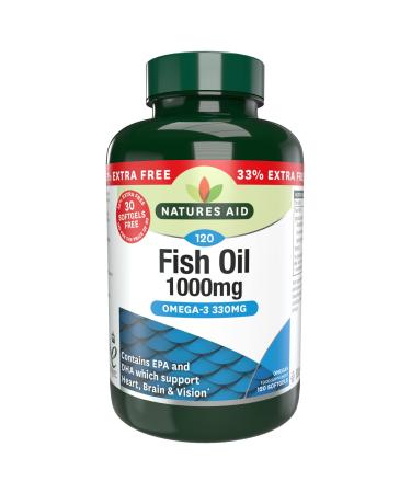 Natures Aid Fish Oil 1000mg | Omega 3 (180mg Epa & 120mg Dha) | Made In The UK 120 Softgels for The Price of 90 120 Capsules 120 Count (Pack of 1)