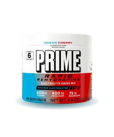 Prime Rapid Rehydration Electrolyte Powder Ocean Cherry Sugar Free Hydration Drink Mix with Sodium Potassium Magnesium & B Vitamins to Replenish Fluids Caffeine Free 6 Gallon Tub 48 SRV