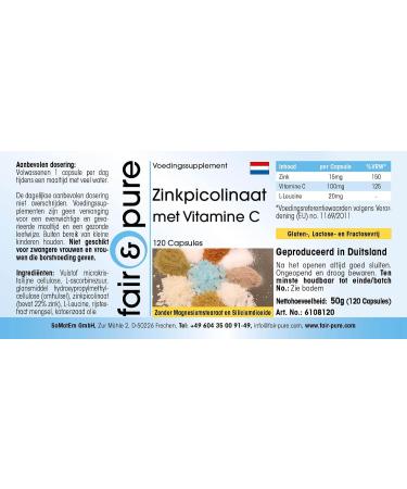 Fair & Pure - Zinc Picolinate + Vitamin C - 15mg Zinc & 100mg Vitamin C per daily dose - vegan - 120 capsules - Buy Online on GoSupps.com