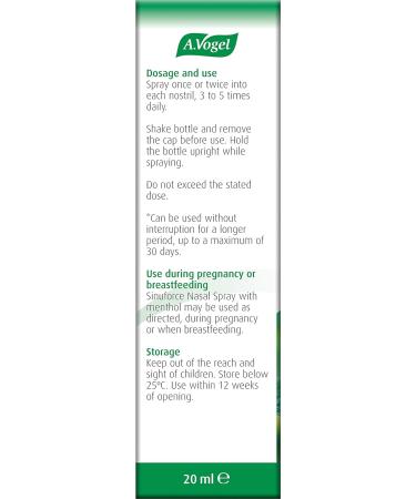 A.Vogel Sinuforce Nasal Spray + Menthol | Fast Relief for Blocked Nose & Congestion | Eucalyptus, Peppermint & Chamomile | Long-Term Use | 20ml - Buy Online on GoSupps.com