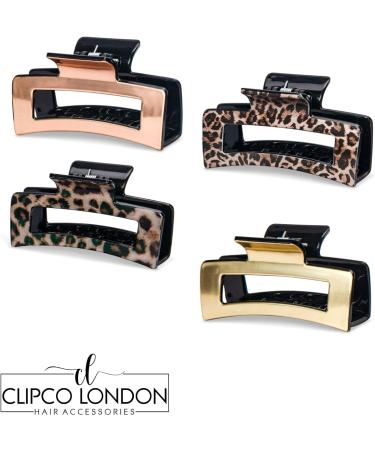Rectangle Claw Clip Set - Retro Gold Metallic Leopard Print & Tortoise Shell Hair Claws for Women - 4pcs, Medium to Large Size 8.5cm - Buy Online on GoSupps.com