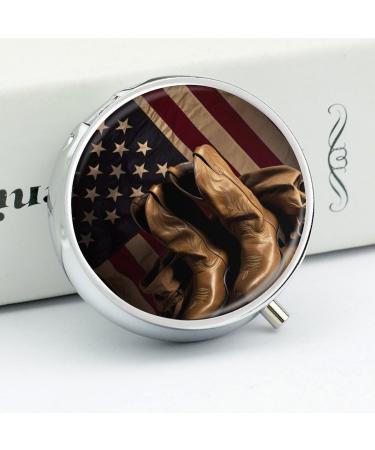 Round American Flag Pill Box with Cowboy Boots - 3 Compartment Metal Organizer | Portable & Decorative Pill Case - Buy Online on GoSupps.com