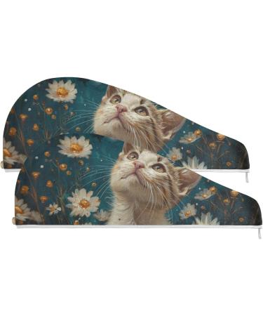 Cat Daisy Starry Sky Hair Towel 2 Pack - Super Absorbent Quick Dry Hair Turbans for Women & Girls - Buy Online on GoSupps.com