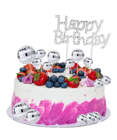 20pcs Disco Ball Cupcake Toppers with Alloy Happy Birthday Sign Multiple Sizes Disco Ball Cake Picks Disco Theme Cake Toppers for 70s Disco Party Favor with Sticks