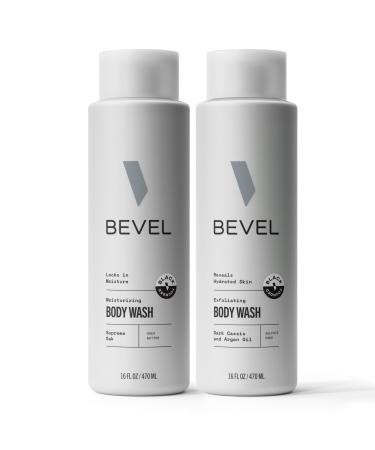 Bevel Exfoliating and Moisturizing Body Wash Bundle for Men - Dark Cassis & Supreme Oak Scent Bundle with Charcoal and Argan Oil, 16 Oz Pack of 2 (Packaging May Vary)