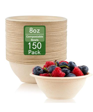 ZORRITA 150 Pack 8 oz Paper Bowls Disposable Compostable Soup Bowls Natural Sugarcane Biodegradable Bowls for Ice Cream, Desserts, Pet Food 8 ounce