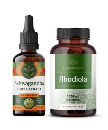 HERBAMAMA Ashwagandha and Rhodiola Rosea Kit - Bundle of Ashwagandha Liquid Drops 2 Fl Oz & 1000mg Rhodiola Rosea Capsules - Vegan Non-GMO Gelatin-Free - 2 Pack