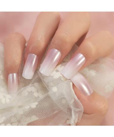 Medium Long Square Pink White Gradient Press on Nails | Full Cover Fake Nails for DIY Manicure | Christmas Nail Art Tips - Buy Online on GoSupps.com