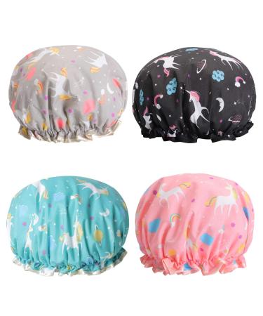 Unicorn Shower Caps, Double Layers Bath Hat for Women to Cover Long and Thick Hair, Reusable Waterproof Bonnet 4 Pack 1-Unicorn